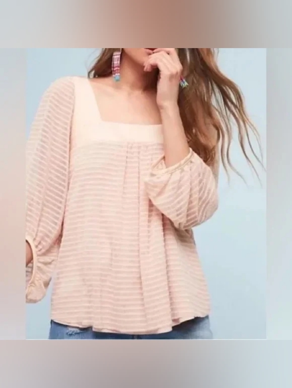 Meadow Rue Light Pink Striped Square-Neck Peasant Top